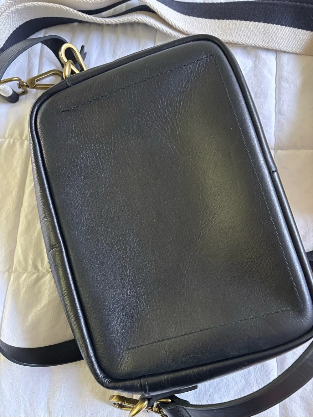Madewell Black Leather Crossbody with Striped Canvas Strap